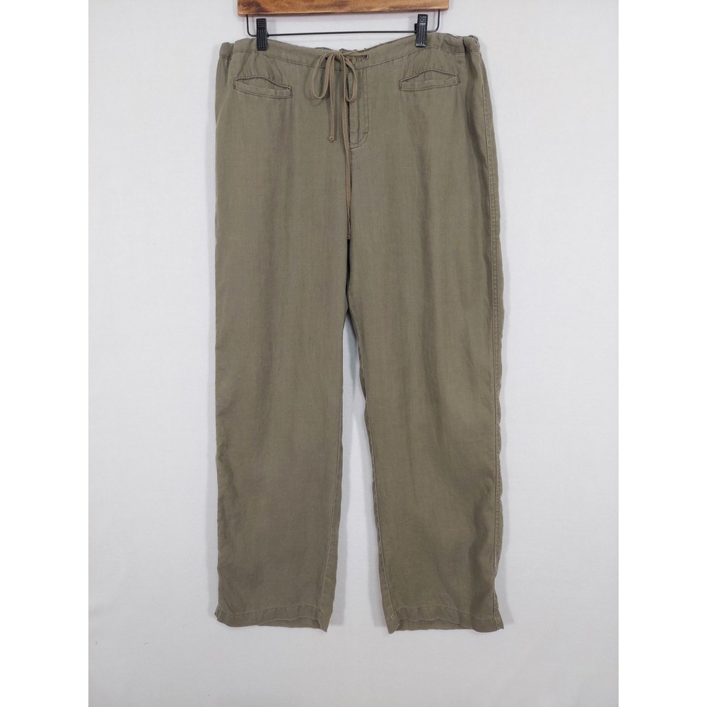 Sundance Linen Pants 14 Olive Drawstring Straight Leg Pockets Coastal Casual